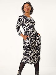 Roman Black Petite Linear Print Button Stretch Midi Dress - Image 1 of 5