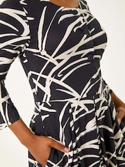 Roman Black Petite Linear Print Button Stretch Midi Dress - Image 5 of 5
