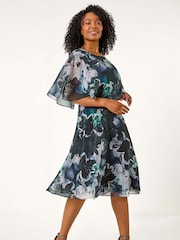 Roman Black Petite Abstract Floral Print Cape Dress - Image 1 of 5