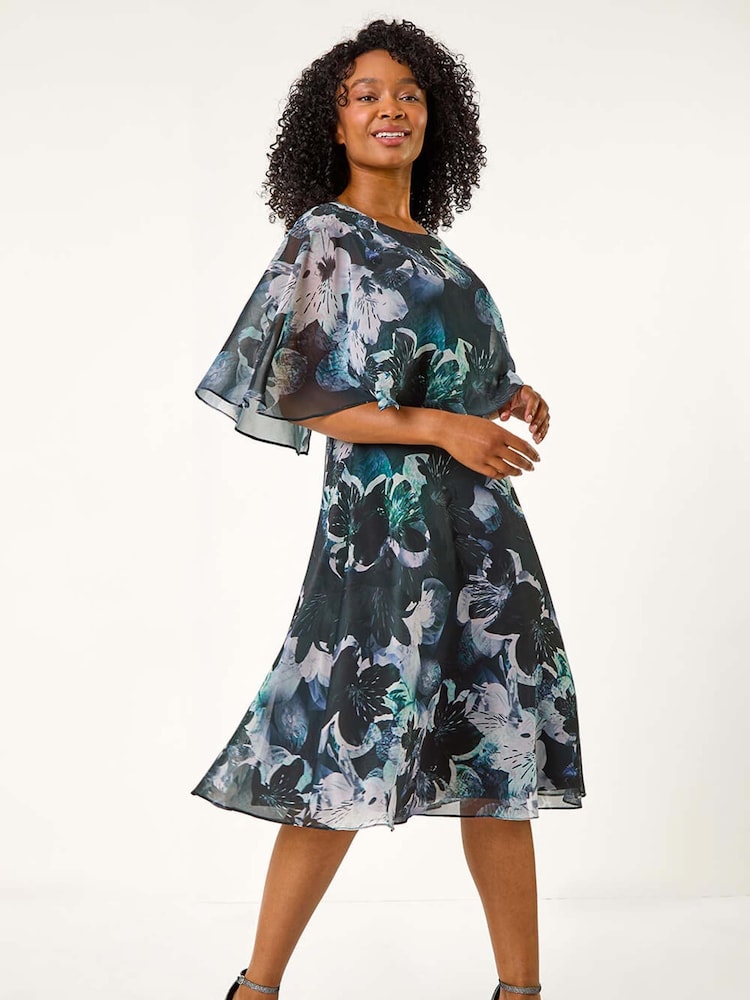 Roman Black Petite Abstract Floral Print Cape Dress - Image 1 of 5