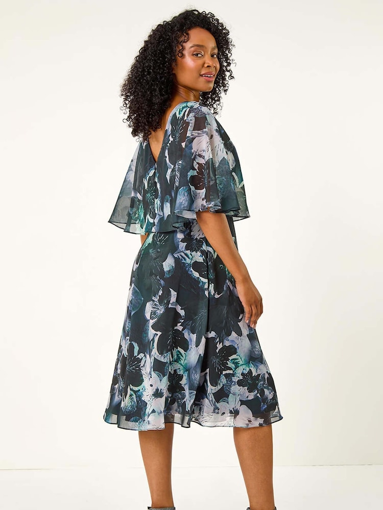 Roman Black Petite Abstract Floral Print Cape Dress - Image 2 of 5
