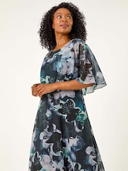 Roman Black Petite Abstract Floral Print Cape Dress - Image 3 of 5