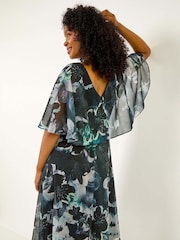 Roman Black Petite Abstract Floral Print Cape Dress - Image 4 of 5