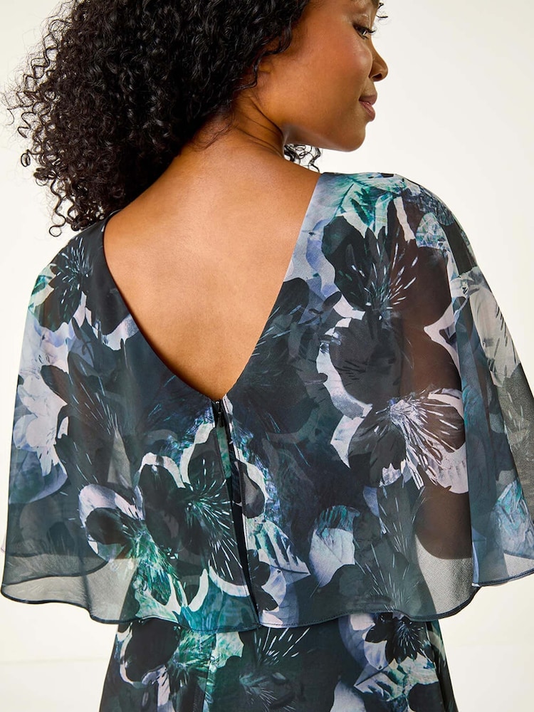 Roman Black Petite Abstract Floral Print Cape Dress - Image 5 of 5