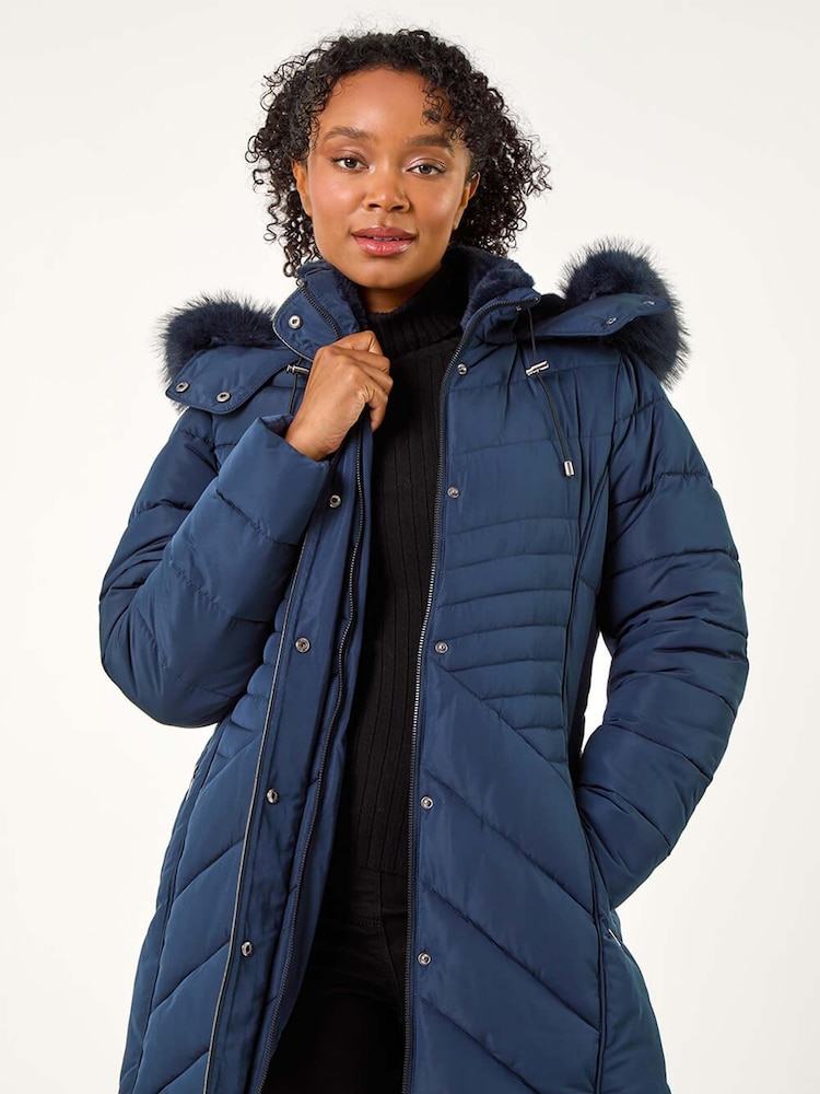 Roman Blue Petite Hooded Longline Quilted Coat - Image 1 of 5