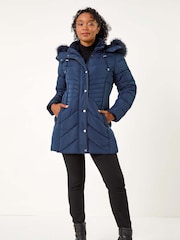 Roman Blue Petite Hooded Longline Quilted Coat - Image 3 of 5