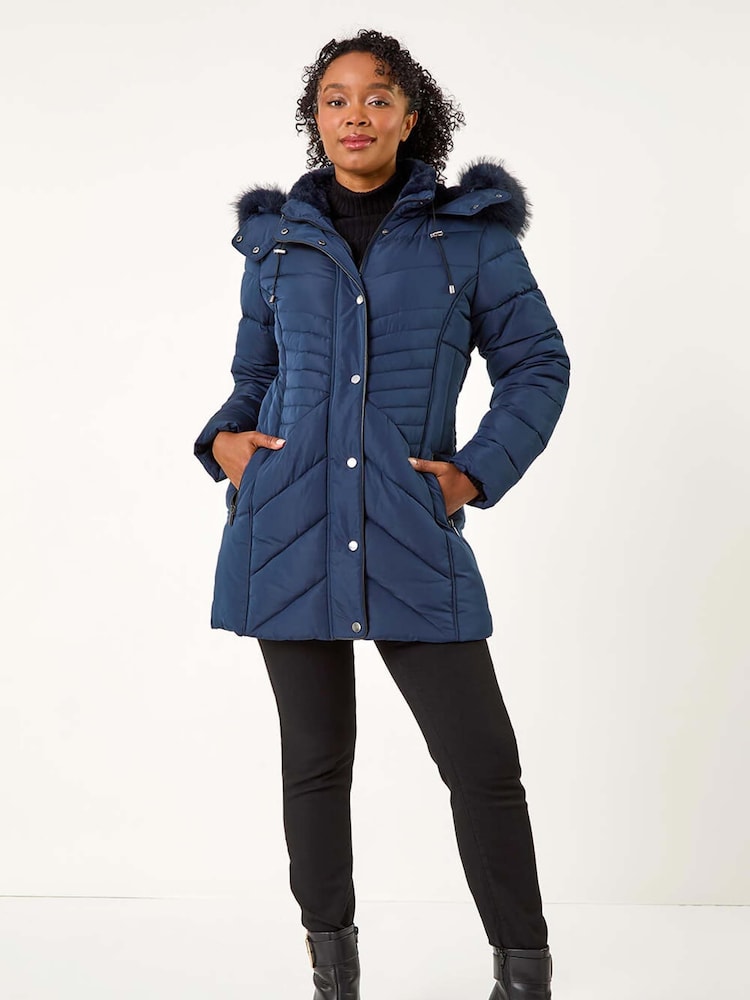 Roman Blue Petite Hooded Longline Quilted Coat - Image 3 of 5