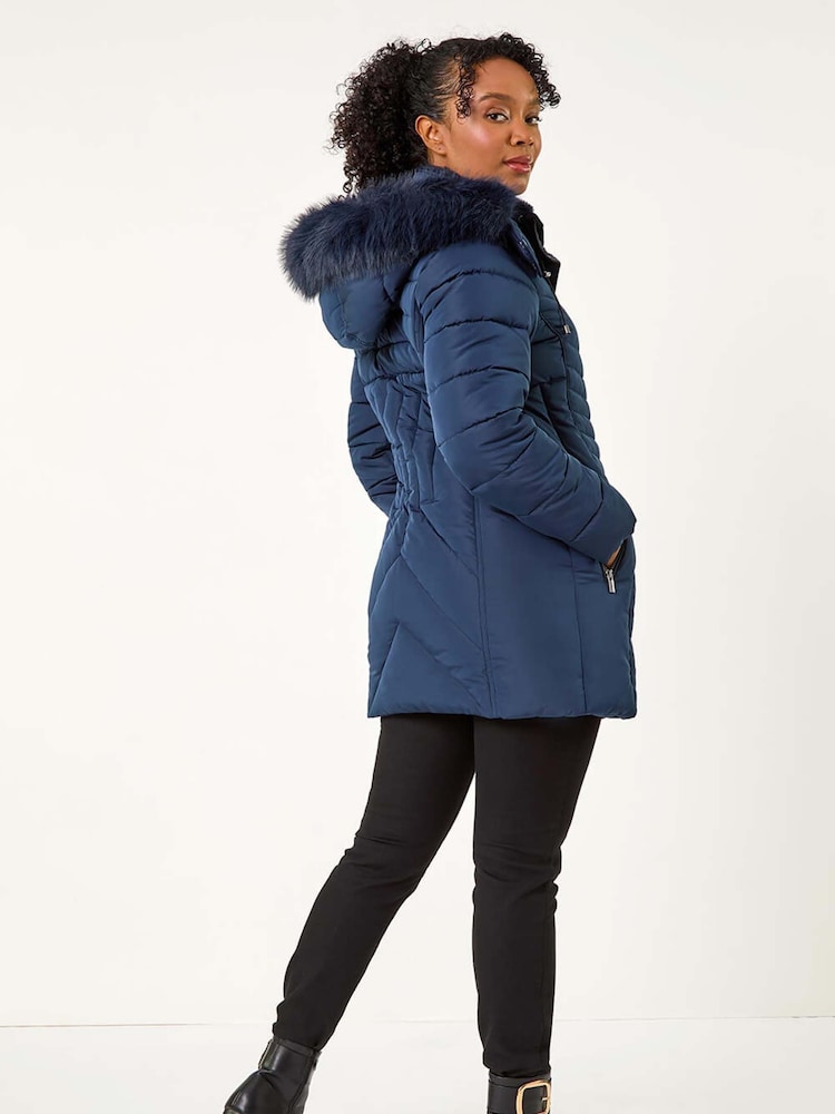 Roman Blue Petite Hooded Longline Quilted Coat - Image 4 of 5