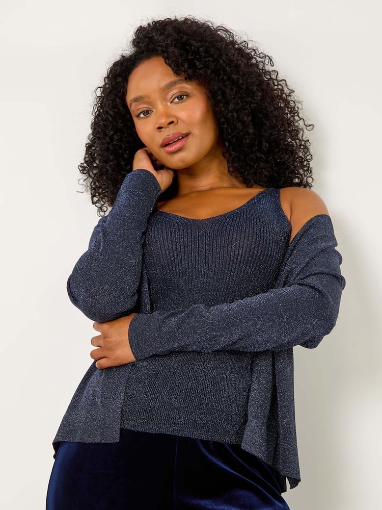 Roman Blue Petite Sparkle Open Knit Cardigan - Image 1 of 5