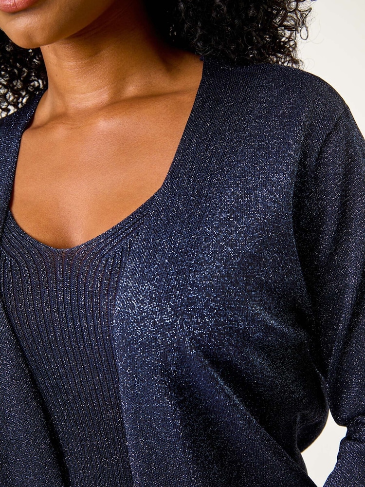 Roman Blue Petite Sparkle Open Knit Cardigan - Image 5 of 5