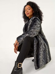 Roman Black Petite Animal Faux Fur Collar Coat - Image 1 of 5