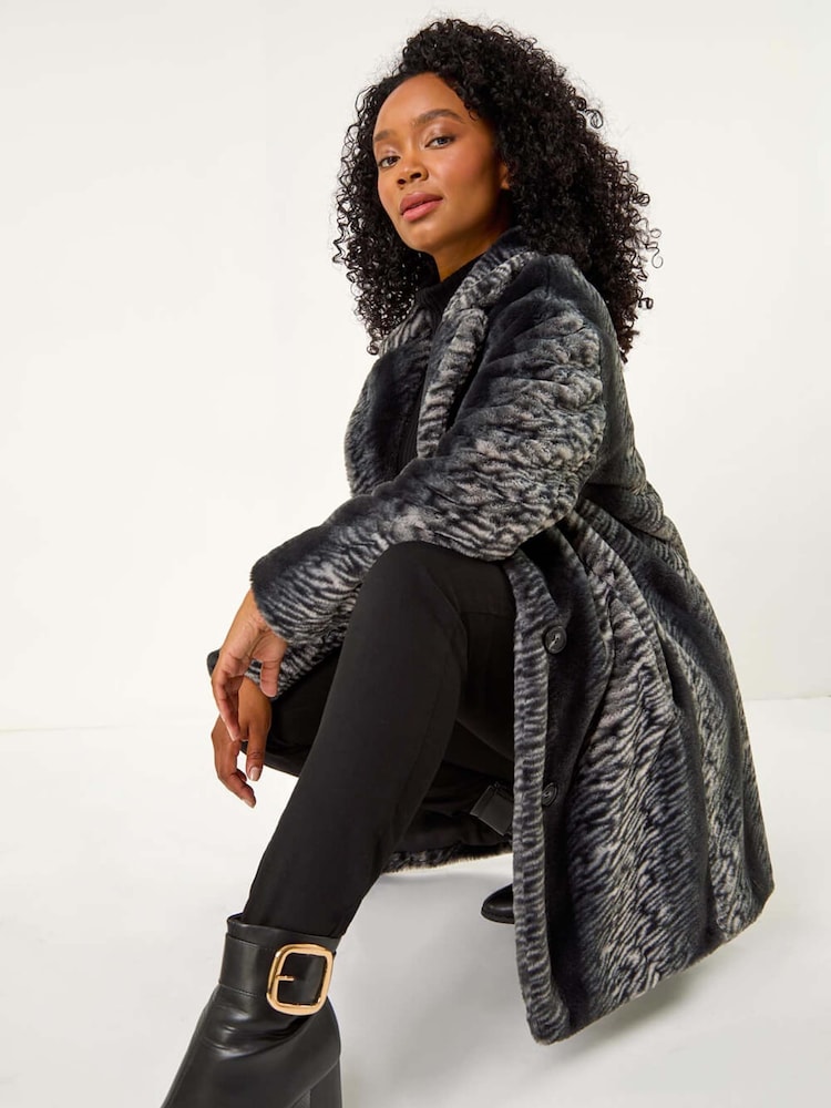 Roman Black Petite Animal Faux Fur Collar Coat - Image 1 of 5