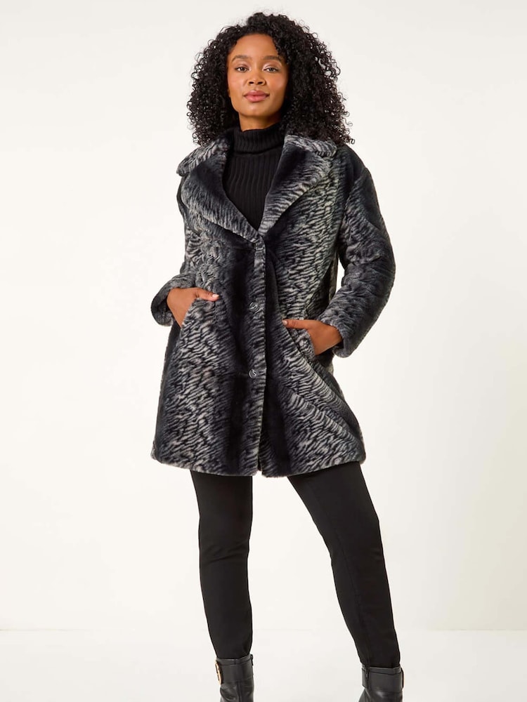 Roman Black Petite Animal Faux Fur Collar Coat - Image 2 of 5