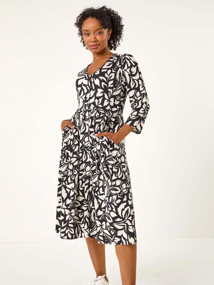 Roman Black Petite Floral Buttoned Dress - Image 3 of 6