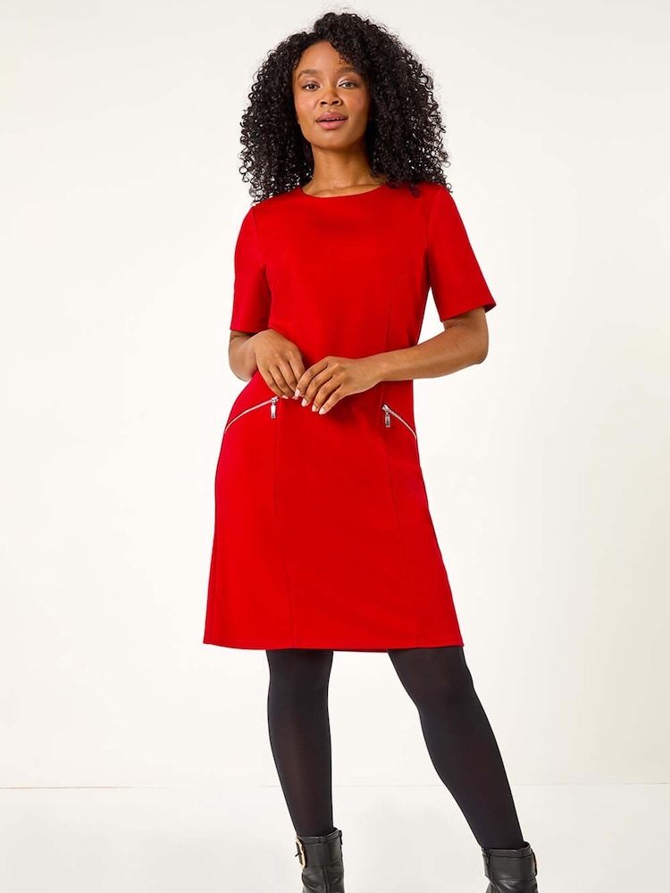 Roman Red Petite Zip Detail Pocket Shift Dress - Image 1 of 5