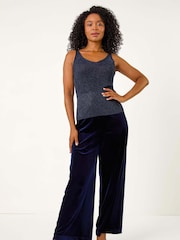 Roman Blue Velvet Petite Wide Leg Stretch Trousers - Image 2 of 5