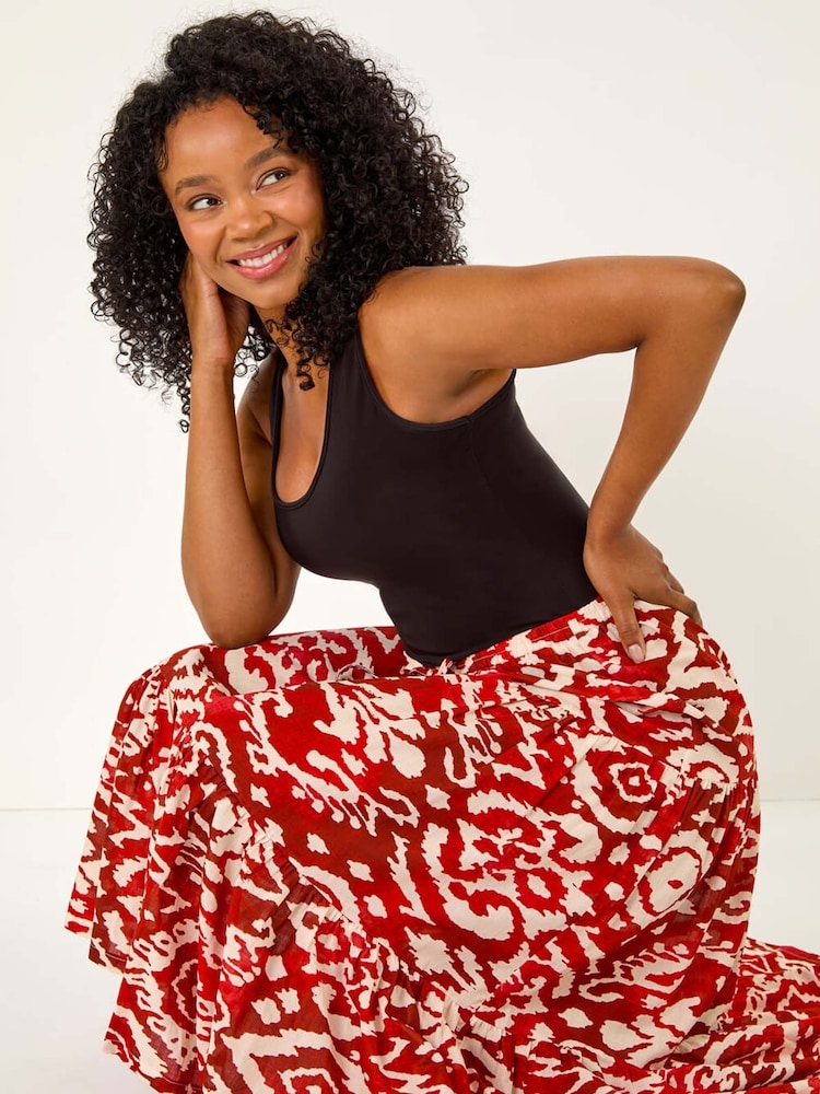 Roman Red Petite Aztec Style Print 100% Cotton Midi Skirt - Image 1 of 5