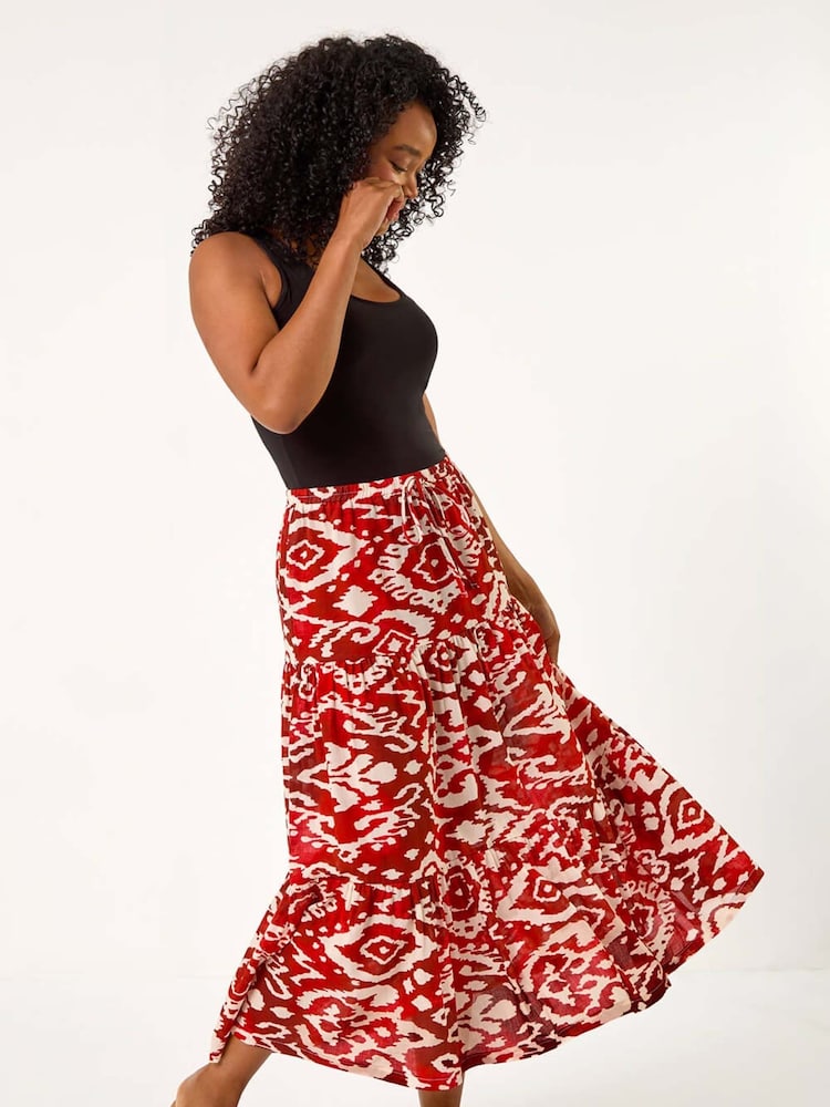 Roman Red Petite Aztec Style Print 100% Cotton Midi Skirt - Image 2 of 5