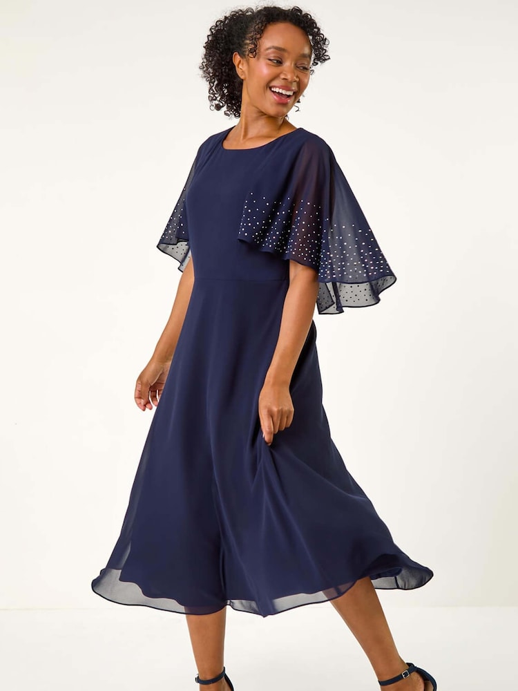 Roman Blue Petite Hotfix Embellished Back Cape Dress - Image 1 of 5
