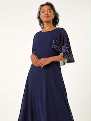 Roman Blue Petite Hotfix Embellished Back Cape Dress - Image 2 of 5