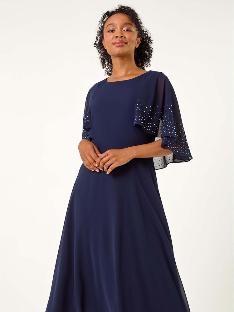 Roman Blue Petite Hotfix Embellished Back Cape Dress - Image 2 of 5
