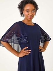 Roman Blue Petite Hotfix Embellished Back Cape Dress - Image 4 of 5