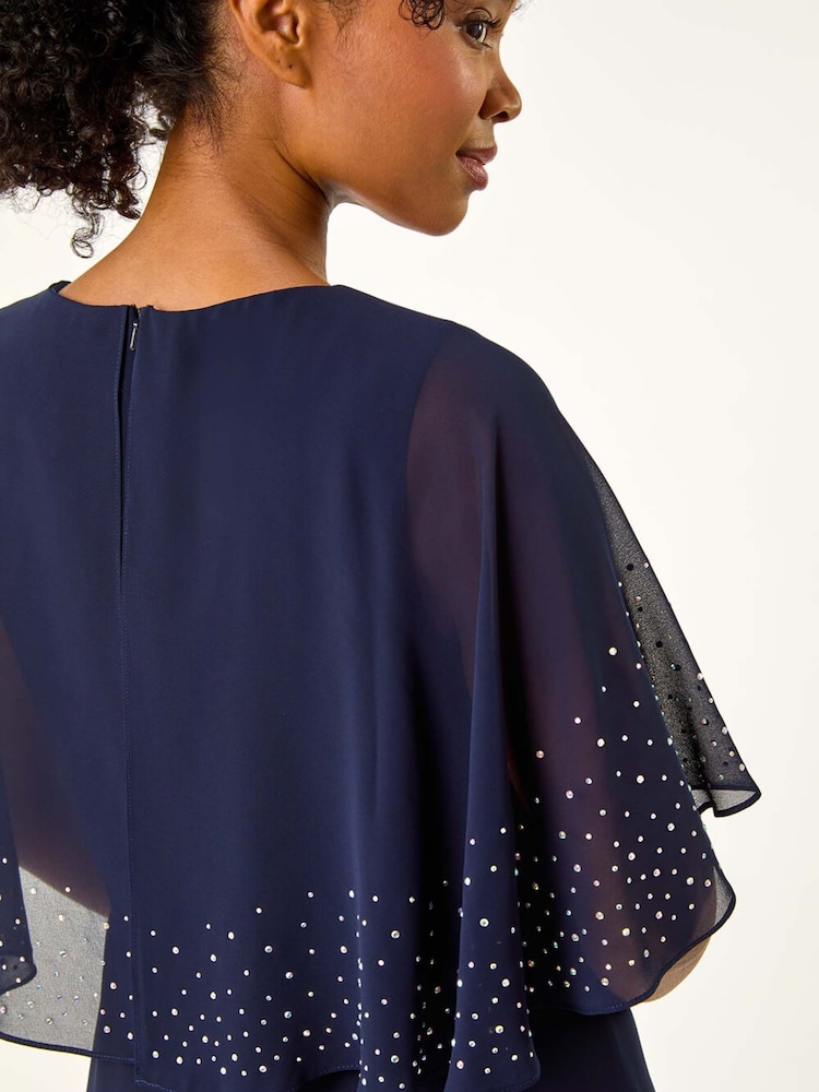 Roman Blue Petite Hotfix Embellished Back Cape Dress - Image 5 of 5