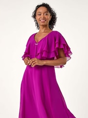 Roman Pink Petite V-Neck Flare Trim Detail Cape Dress - Image 1 of 5