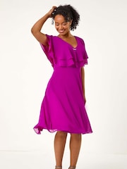 Roman Pink Petite V-Neck Flare Trim Detail Cape Dress - Image 2 of 5