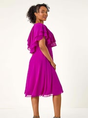 Roman Pink Petite V-Neck Flare Trim Detail Cape Dress - Image 3 of 5
