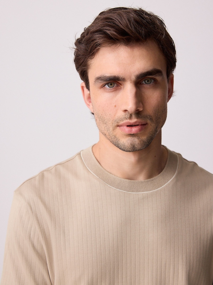 Neutral Ribbed Textured 100% Cotton T-Shirt - Image 1 of 9