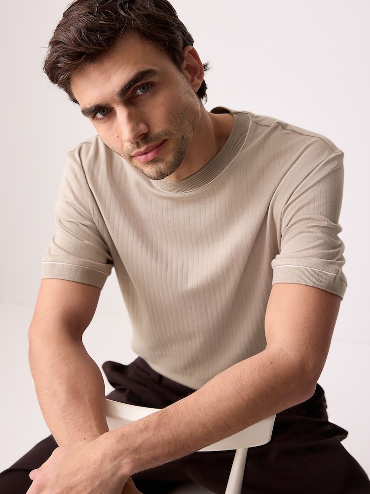 Neutral Ribbed Textured 100% Cotton T-Shirt - Image 4 of 9