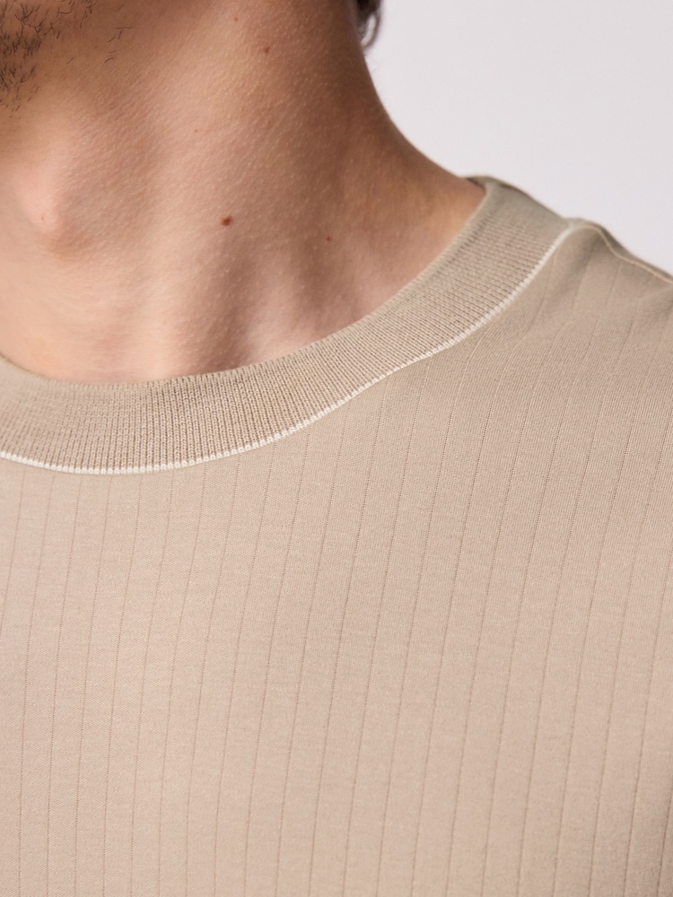 Neutral Ribbed Textured 100% Cotton T-Shirt - Image 5 of 9