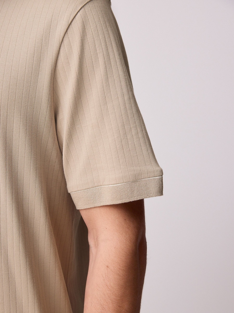 Neutral Ribbed Textured 100% Cotton T-Shirt - Image 6 of 9