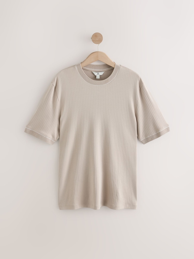 Neutral Ribbed Textured 100% Cotton T-Shirt - Image 7 of 9