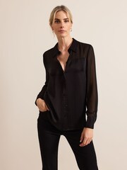 Phase Eight Black Inessa Mixed Media Satin Shirt - Image 1 of 6