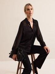 Phase Eight Black Inessa Mixed Media Satin Shirt - Image 5 of 6