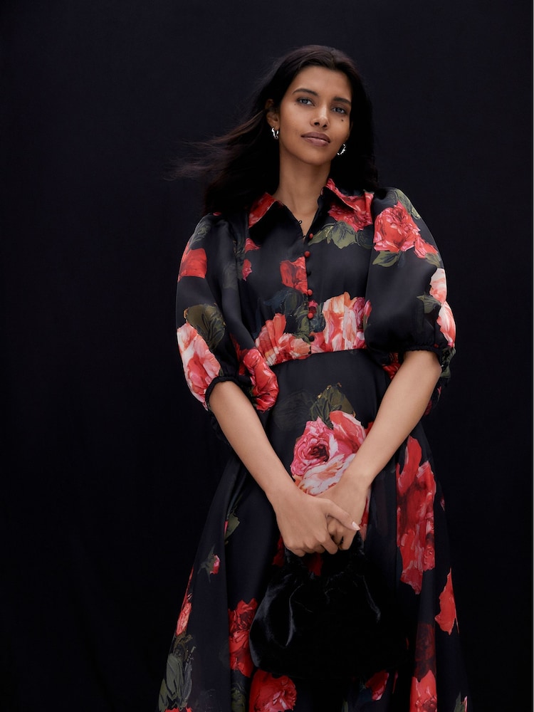 Phase Eight Black Cilla Floral Shirt Midi Dress - Image 1 of 10