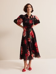 Phase Eight Black Cilla Floral Shirt Midi Dress - Image 4 of 10