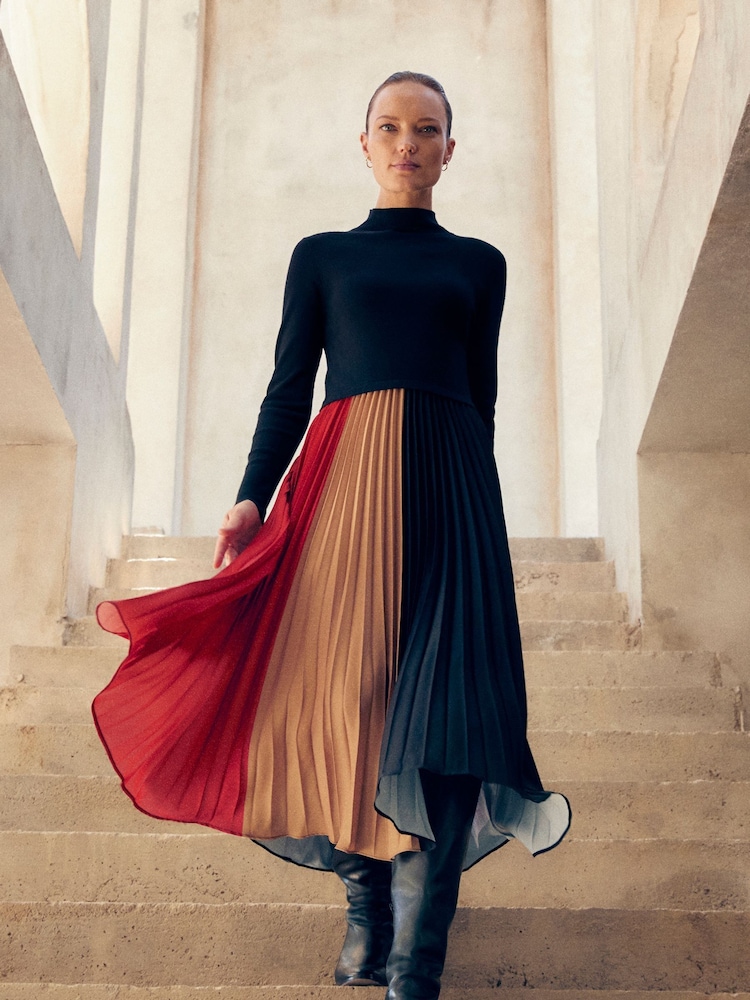 Phase Eight Black Kiera Colourblock Woven Hem Midi Dress - Image 1 of 8
