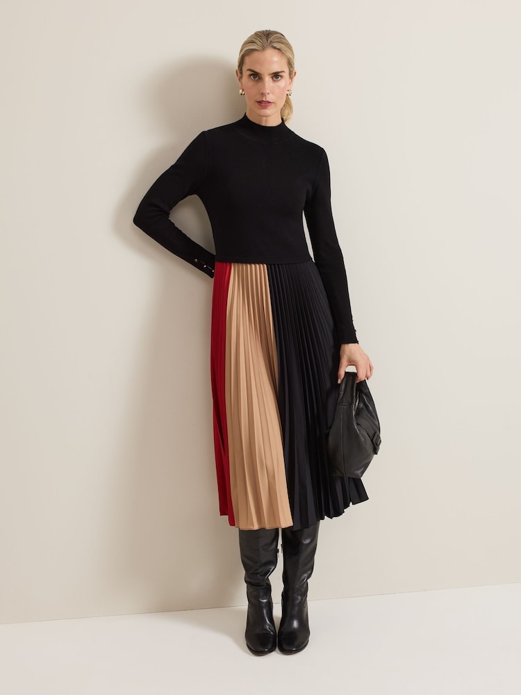 Phase Eight Black Kiera Colourblock Woven Hem Midi Dress - Image 2 of 8