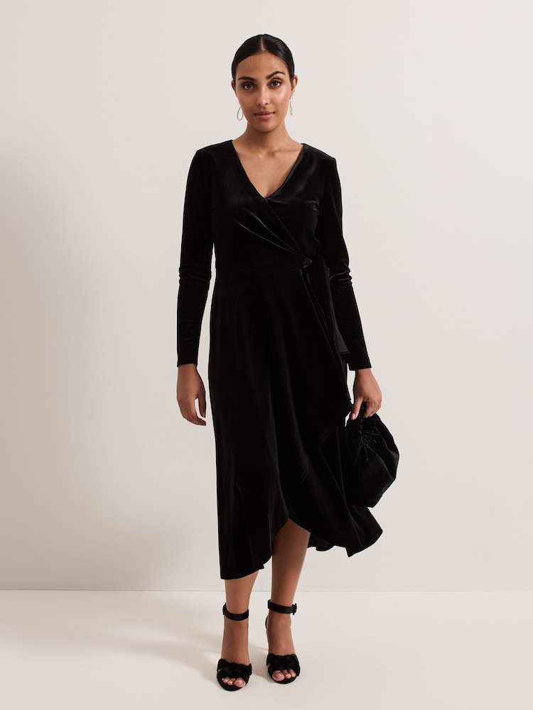 Phase Eight Black Petite Julia Black Velvet Wrap Dress - Image 1 of 6