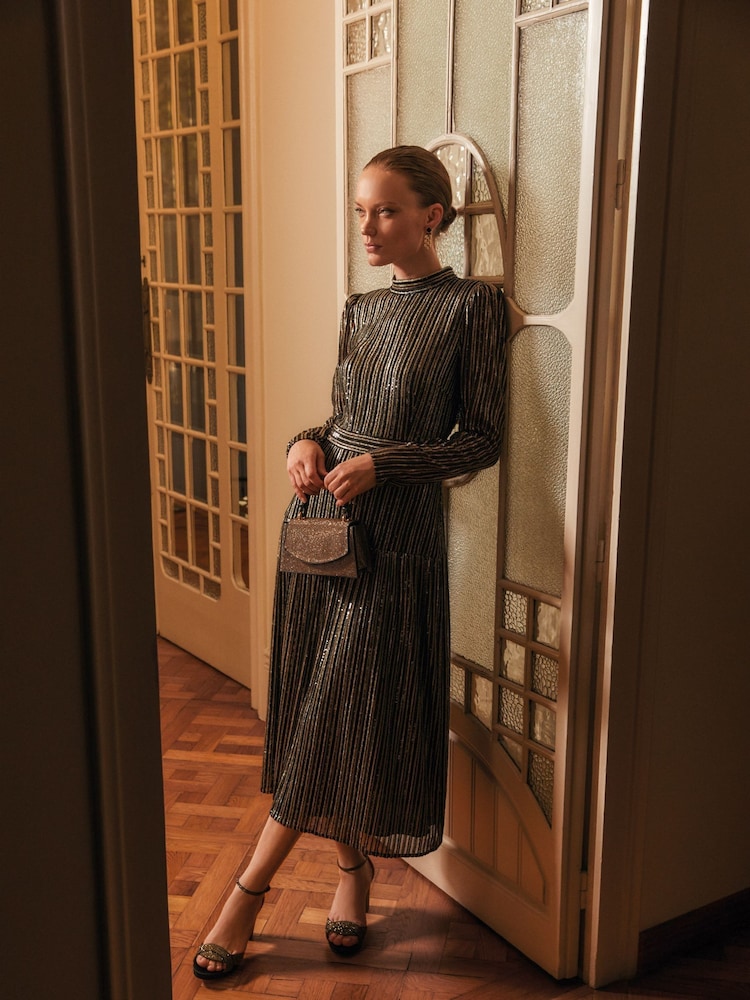Phase Eight Black Gloria Sequin Stripe Midi Dress - Image 1 of 8