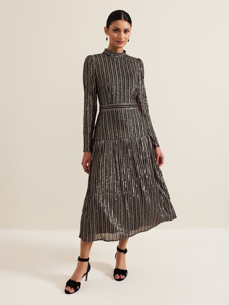 Phase Eight Black Gloria Sequin Stripe Midi Dress - Image 2 of 8