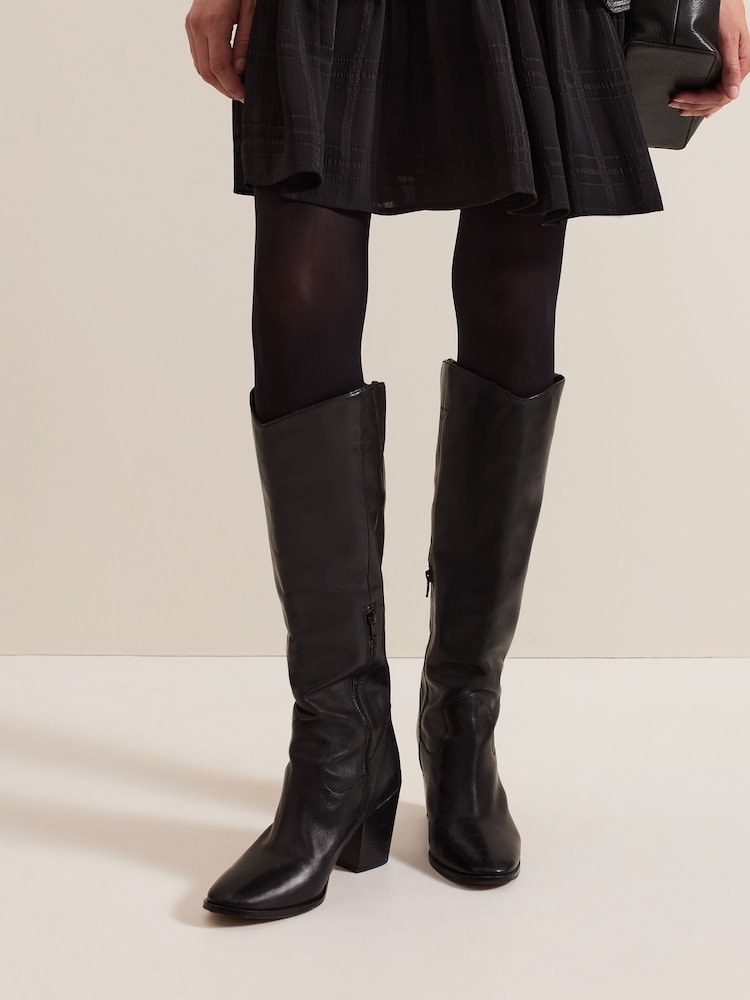 Phase Eight Black Leather Western Knee Boots - Image 7 of 7