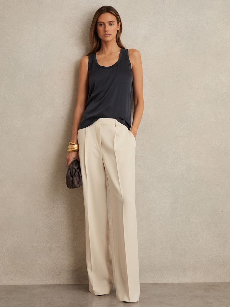 Reiss Cream Eden Elasticated-Waist Wide-Leg Twill Trousers - Image 1 of 6