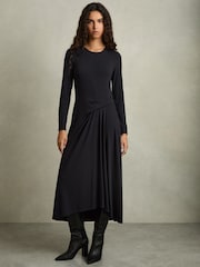 Reiss Navy Ivy Jersey Draped Midi Dress - Image 1 of 6