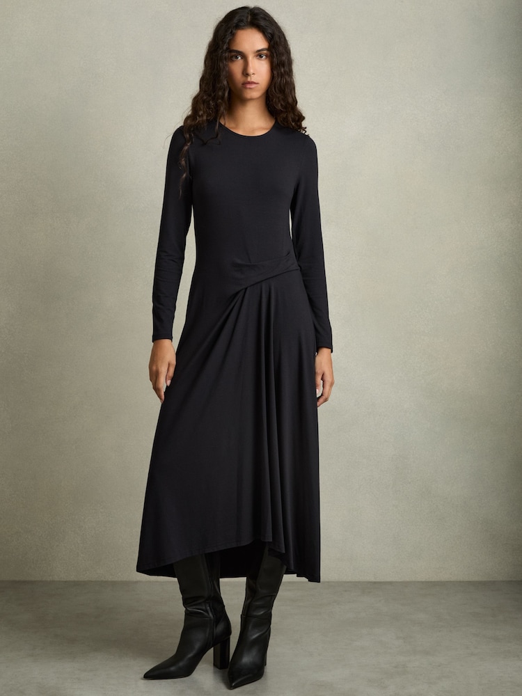 Reiss Navy Ivy Jersey Draped Midi Dress - Image 1 of 6