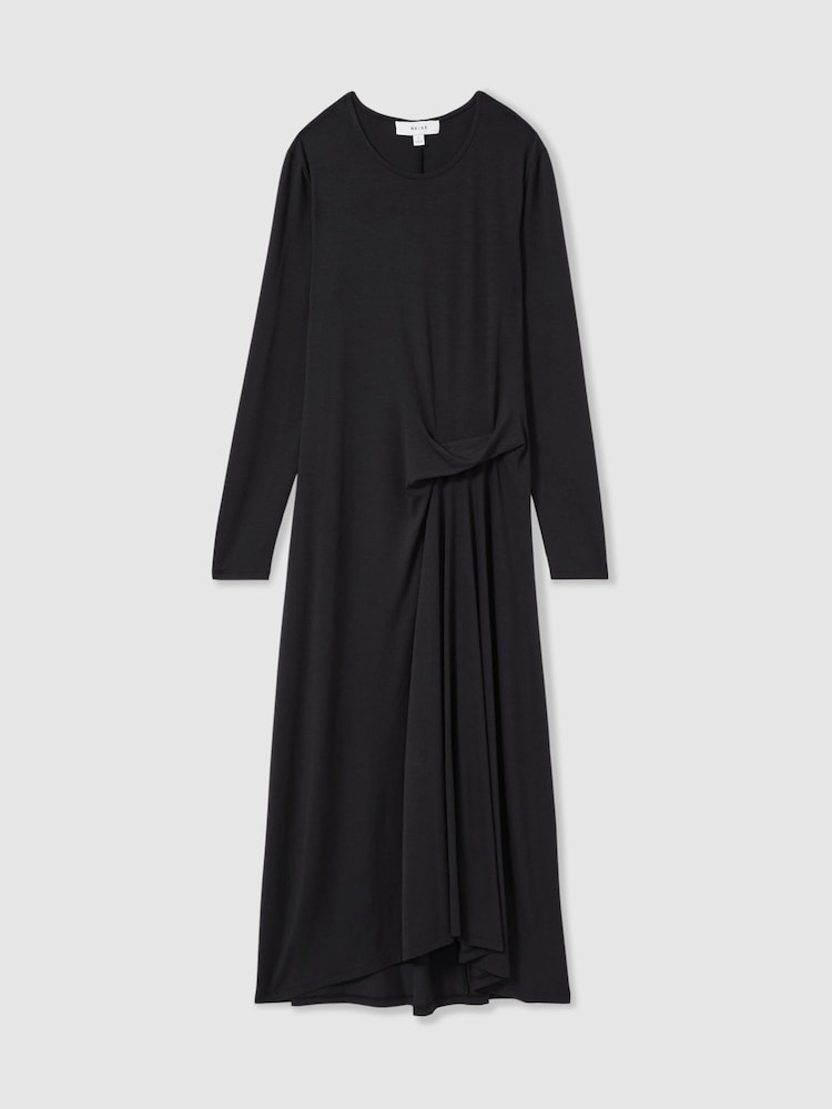 Reiss Navy Ivy Jersey Draped Midi Dress - Image 2 of 6