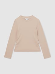 Reiss Tan Trina Cotton-Jersey Ruched Long-Sleeve T-Shirt - Image 1 of 4